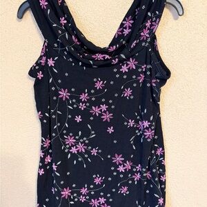 Source Unknown Black Tank Top with Pink Floral Print and Cowl Neck